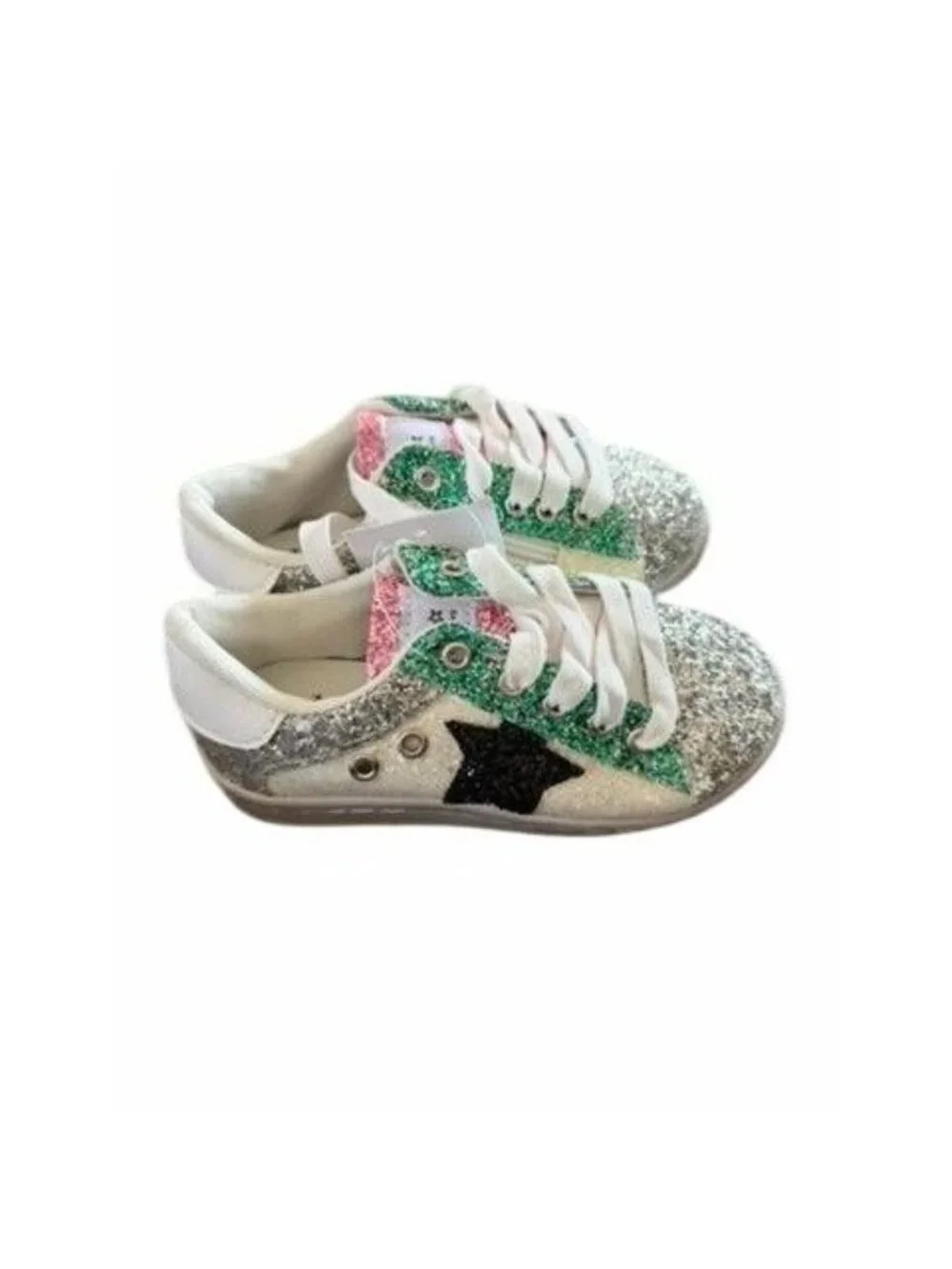 Lola and The Boys Star Silver Glitter Sneakers Size 12C With Green & Pink Accent